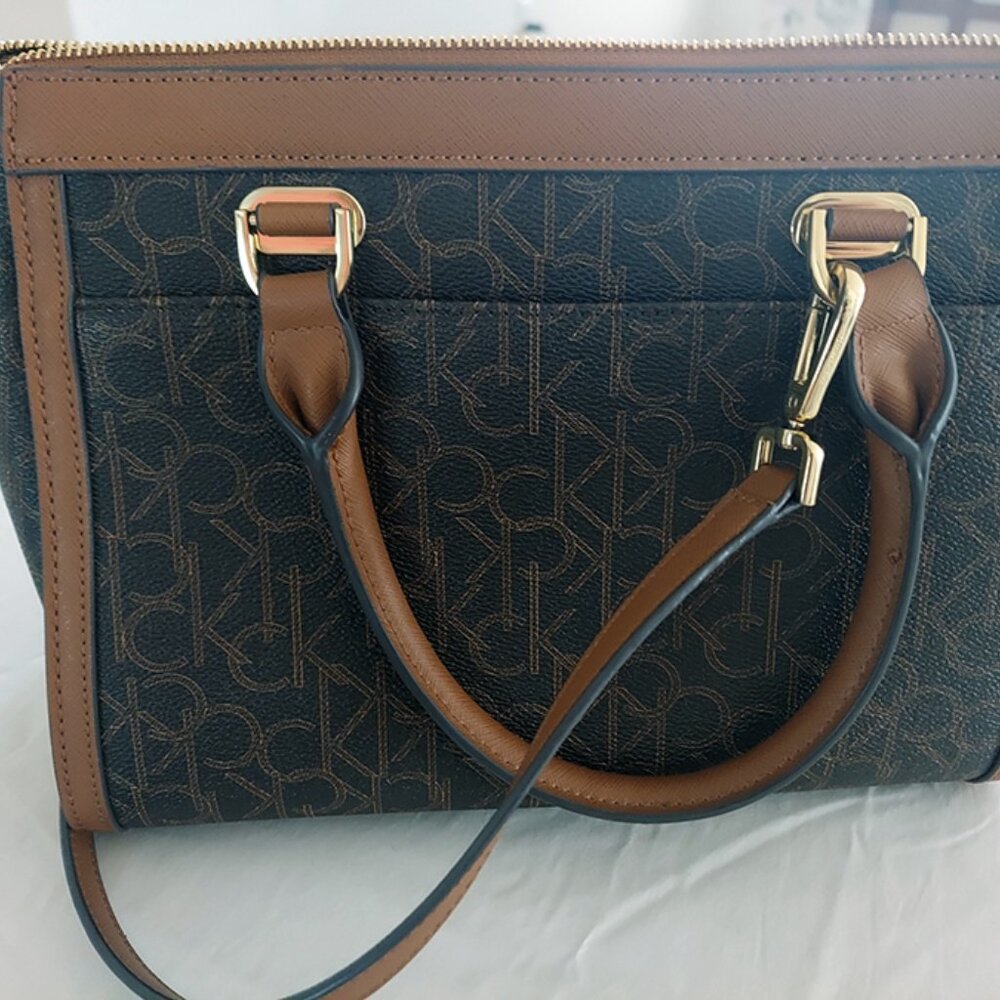 Calvin Klein Janae Orchid Logo Print Satchel in Brown - Picture 2 of 7